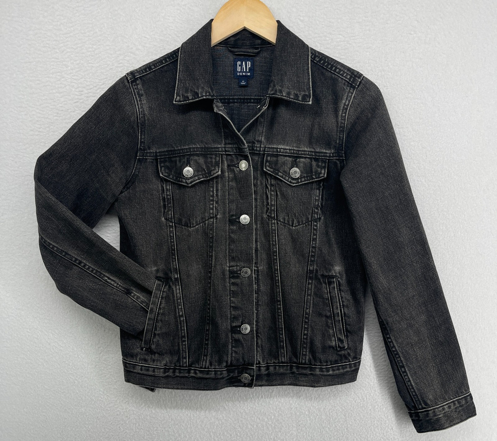 GAP Jacket Womens XS Icon Denim Trucker Button Up Moto Cotton Washed Black